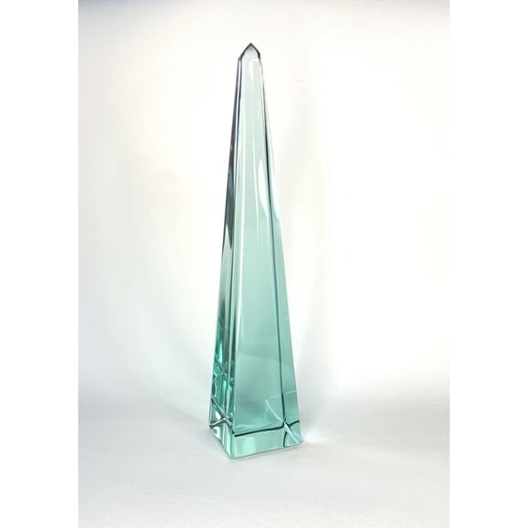 Solid Glass Obelisk Crystal Sculpture Aqua Green 7.5” Tall Sacred Geometry - Picture 1 of 11